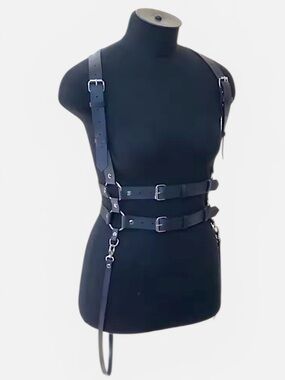 Black Leather Double Harness Suspender Belt with Metal Buckles New